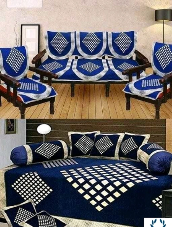 Kanha Décor presents Chenille attractive designer Diwan set which contain 1 bedsheet , 2 bolster with 5 cushion cover & 10 pcs set sofa cover - Free Size, Navy Blue, Chenile, MUltipack :1